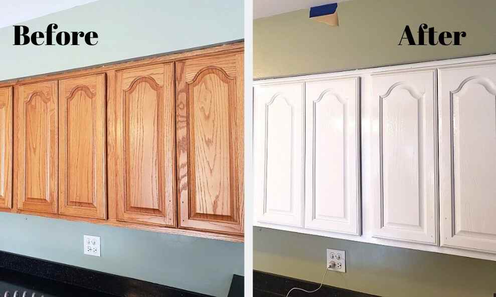 The image shows the before and after of refinished cabinets, the before shows brown wood cabinets and the after shows white painted cabinets.